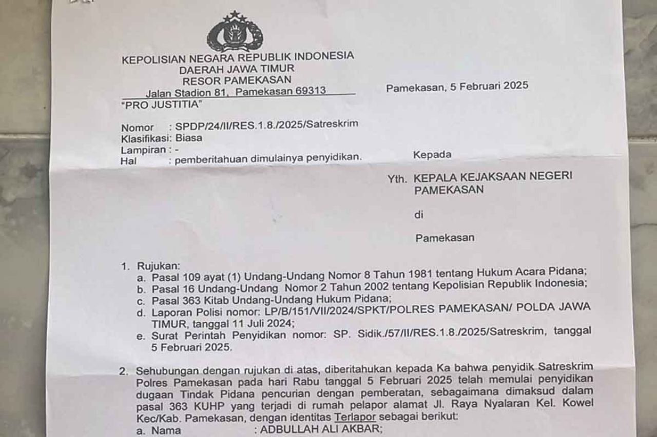 Surat tembusan pemberitahuan penyidikan atas laporan Rizqan Thayyiba