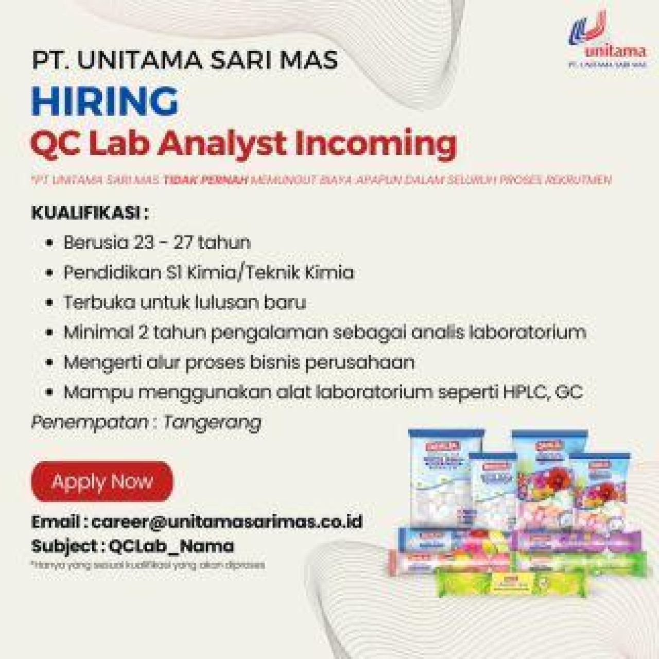 Lowongan Analisis Laboratorium di PT Unitama Sari Mas