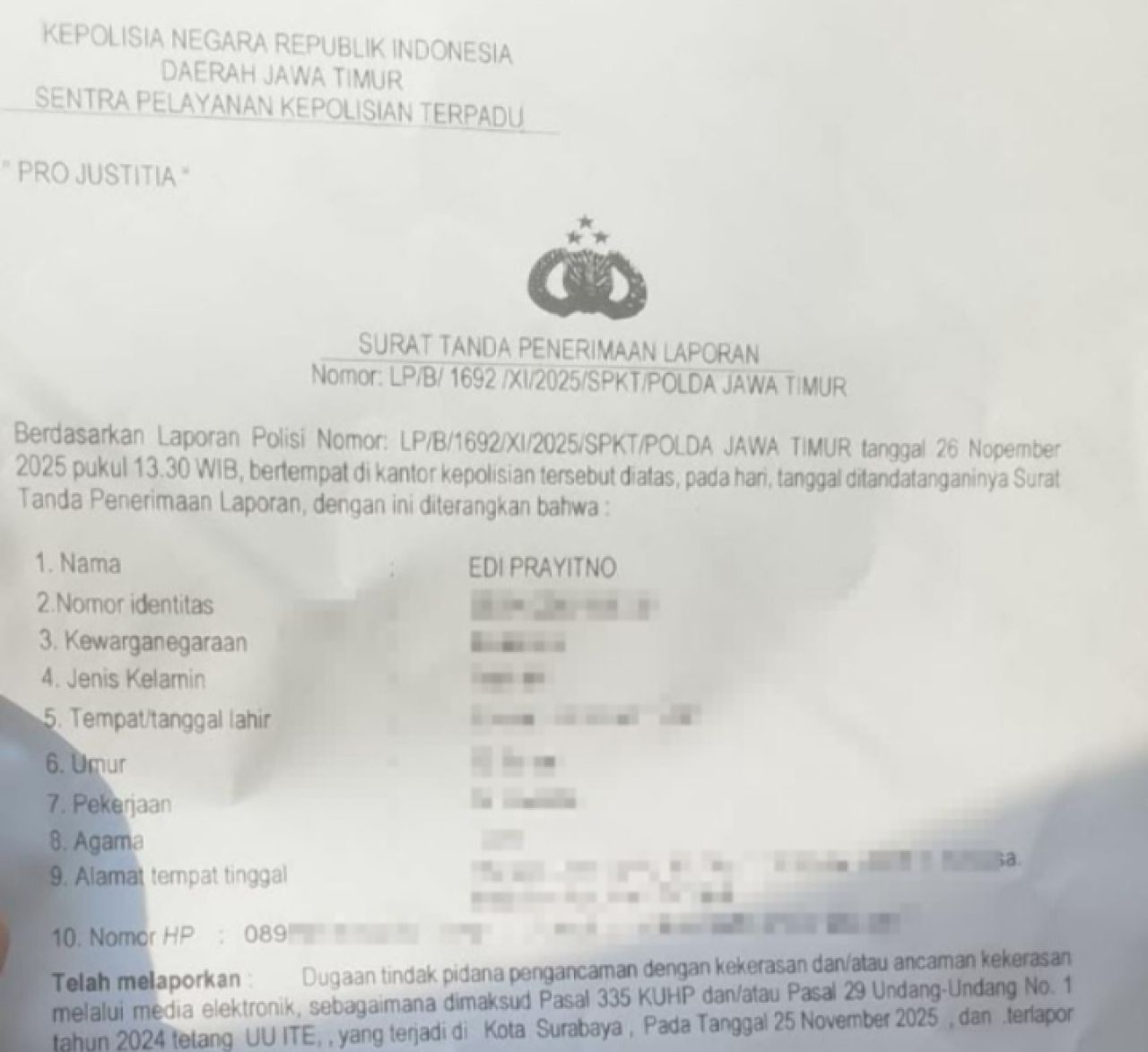 Bukti lapor Edi Prayitno alias Edi Macan
