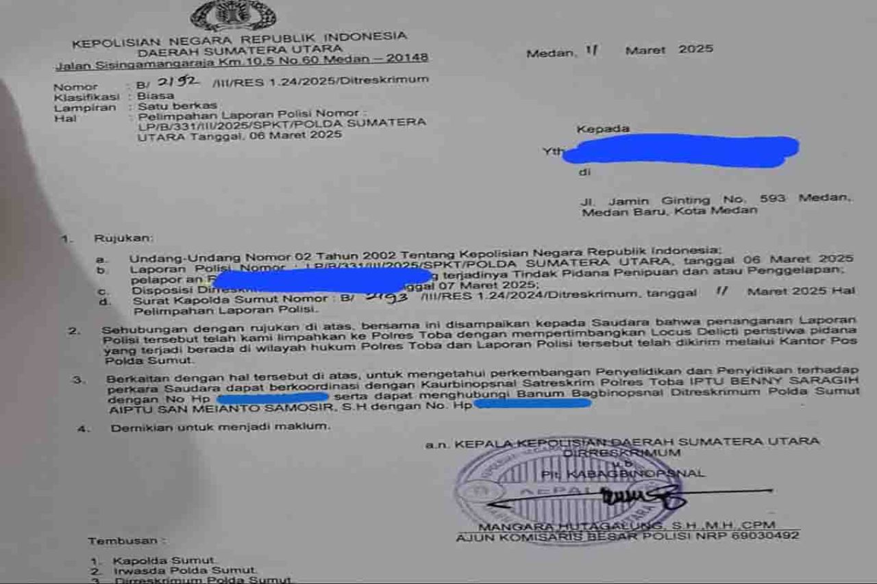 Surat pelimpahan dari Polda Sumatera Utara ke Polres Toba