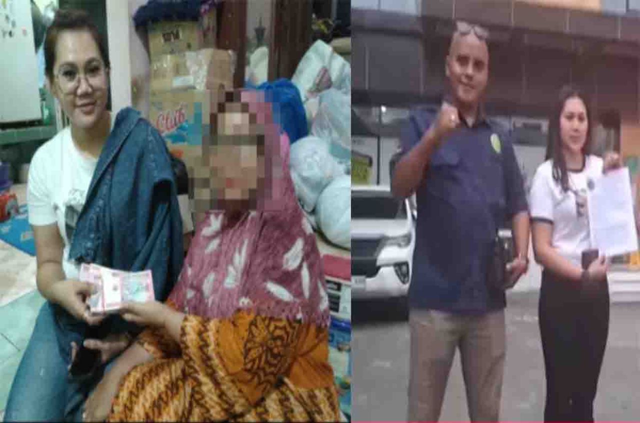 Kiri : Erna Prasetyowati serahkan uang ke Ikke Septianti. Kanan : Ikke Septianti usai masukkan pengaduan ke Polda Jatim didampingi kuasa hukumnya