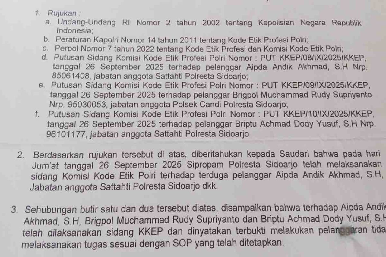 Putusan sidang Komisi Etik Si Propram Polresta Sidoarjo