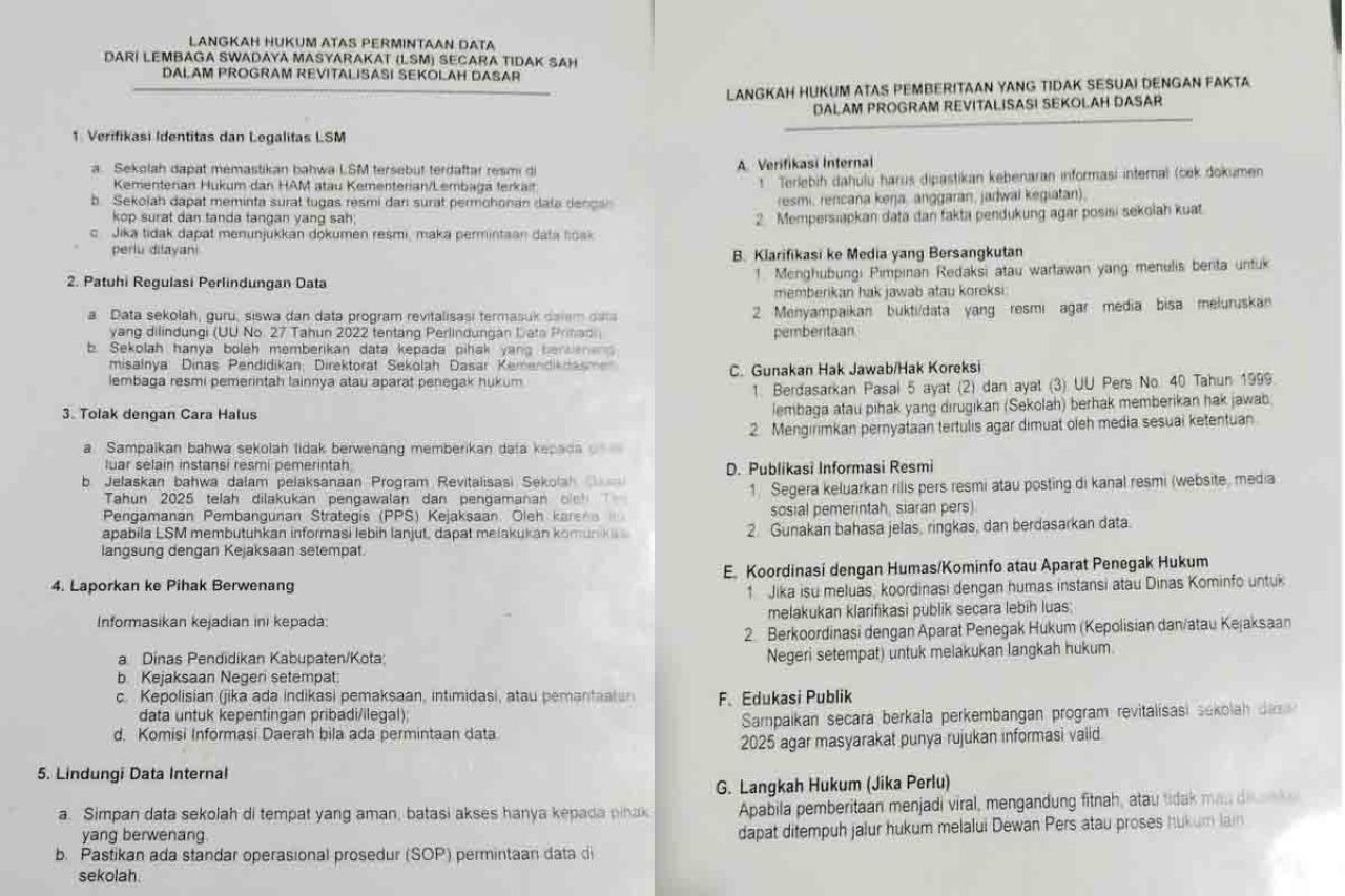 Selebaran himbauan pembatasan akses wartawan dan LSM di sekolah dasar