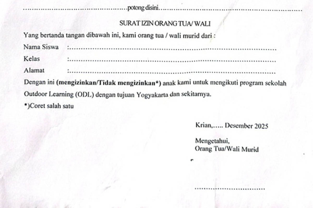 Formulis surat pernyataan yang diisi dan ditandatangani oleh orang tua siswa SMPN 2 Krian