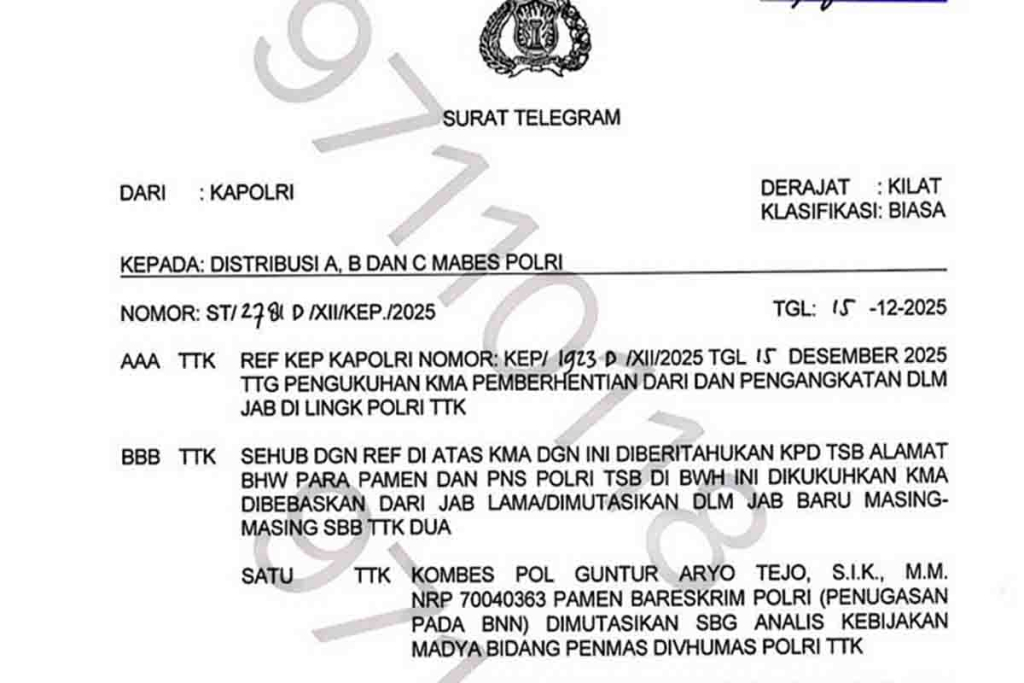 Surat Telegram Kapolri nomor berisi daftar mutasi jabatan