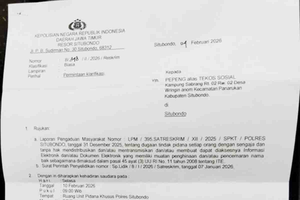 Panggilan Polres Situbondo kepada Akun Facebook Tekos Sosial