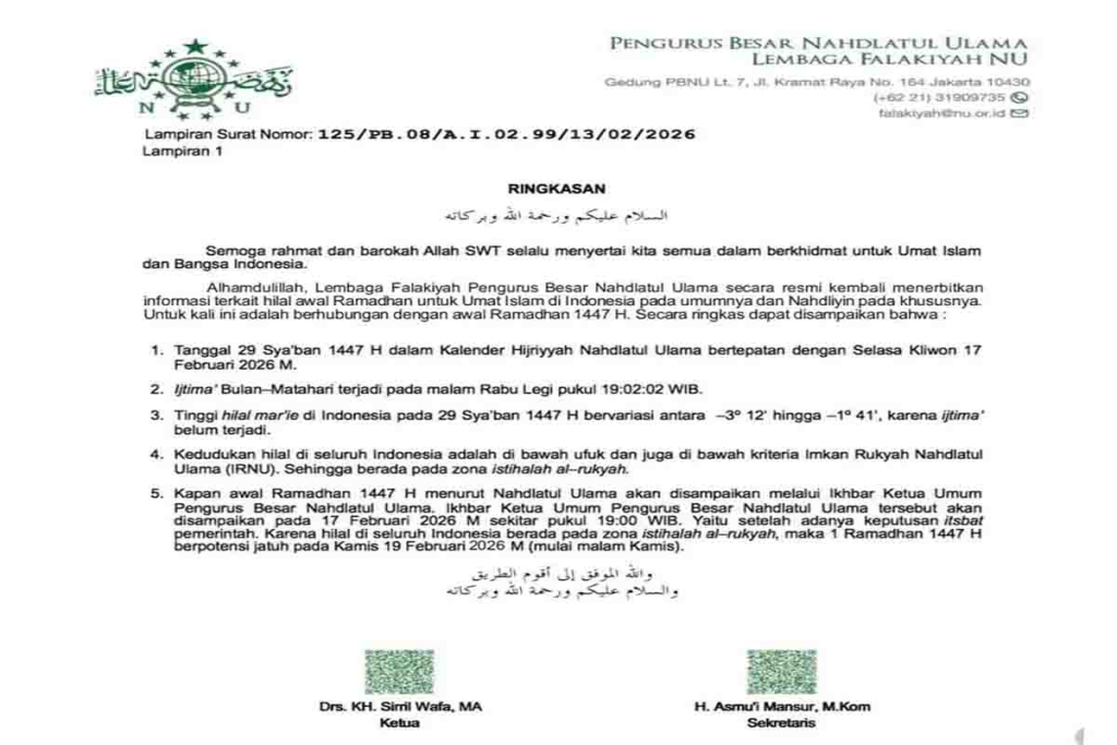 Pengumuman Pengurus Besar Nahdlatul Ulama tentang awal Puasa Ramadhan 2026