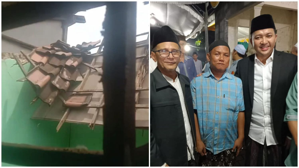 Kondisi atap rumah milik Anas ambruk diterjang hujan deras. Inzet : Anas saat foto bersama Bupati dan Wakil Bupati Pasuruan