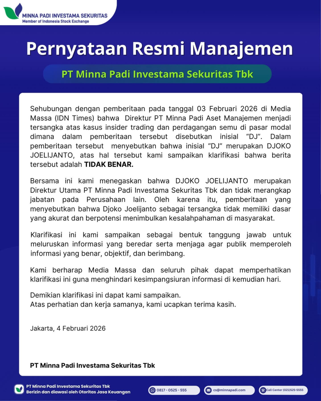 Klarifikasi PT Minna Padi Investama Sekuritas