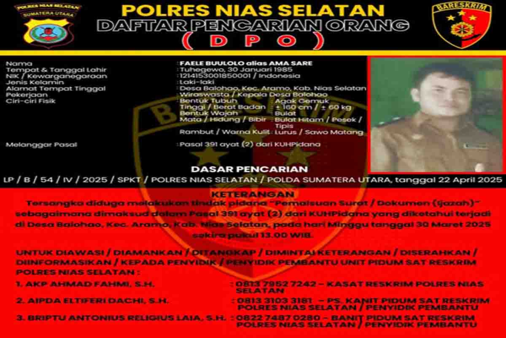 DPO Kepala Desa Balohao, Faele Buulolo