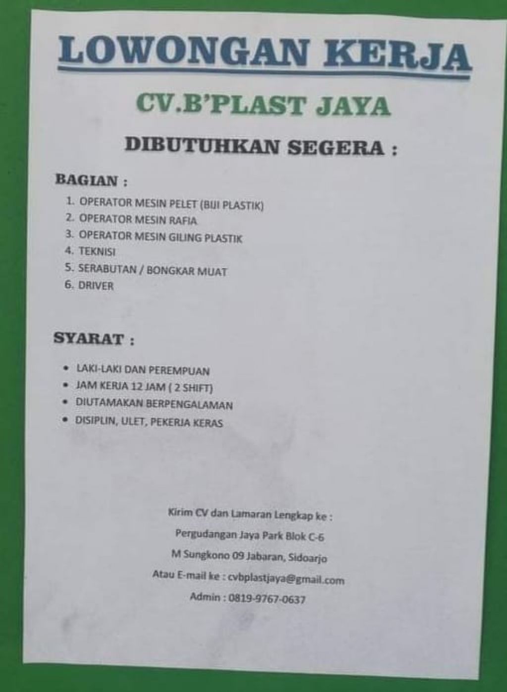Lowongan Kerja CV B Plast Jaya Sidoarjo