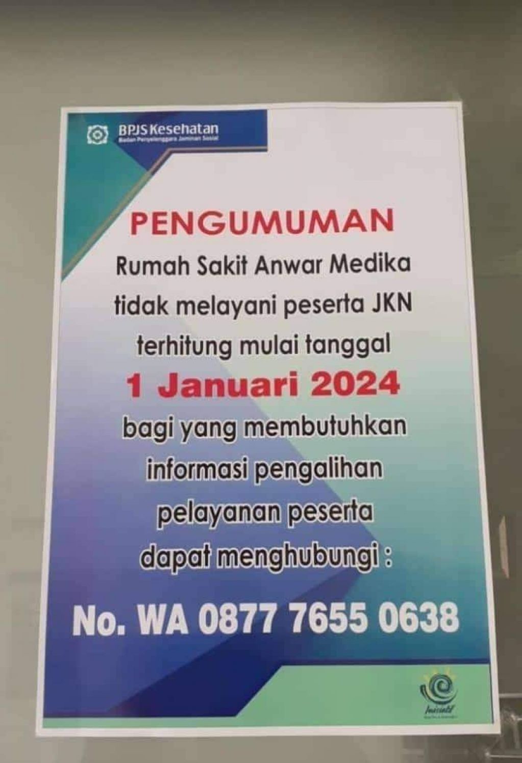 Pengumuman RS Anwar Medika tidak melayani pasien BPJS Kesehatan mulai 1 Januari 2024