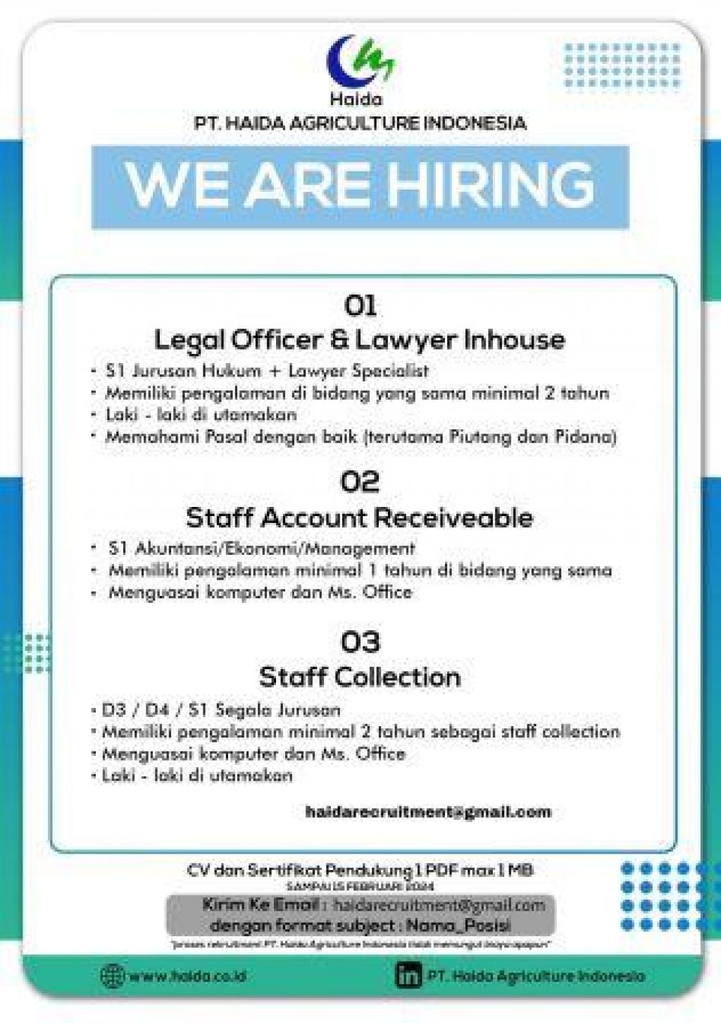 Lowongan kerja PT Haida Agriculture Indonesia