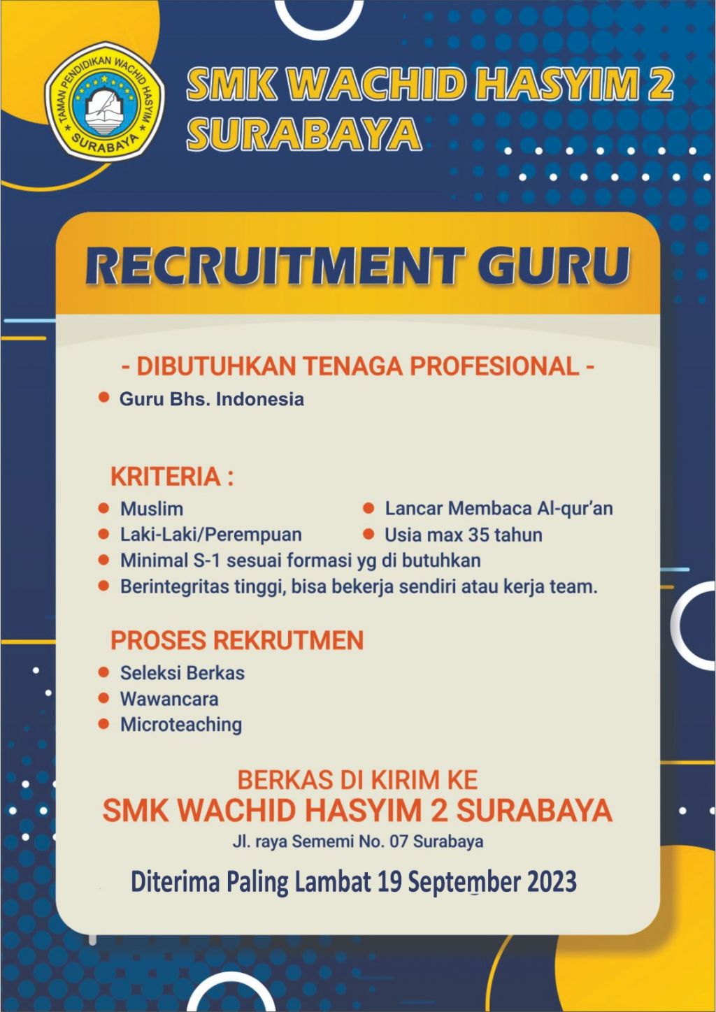 Lowongan di SMK Wachid Hasyim 2 Surabaya
