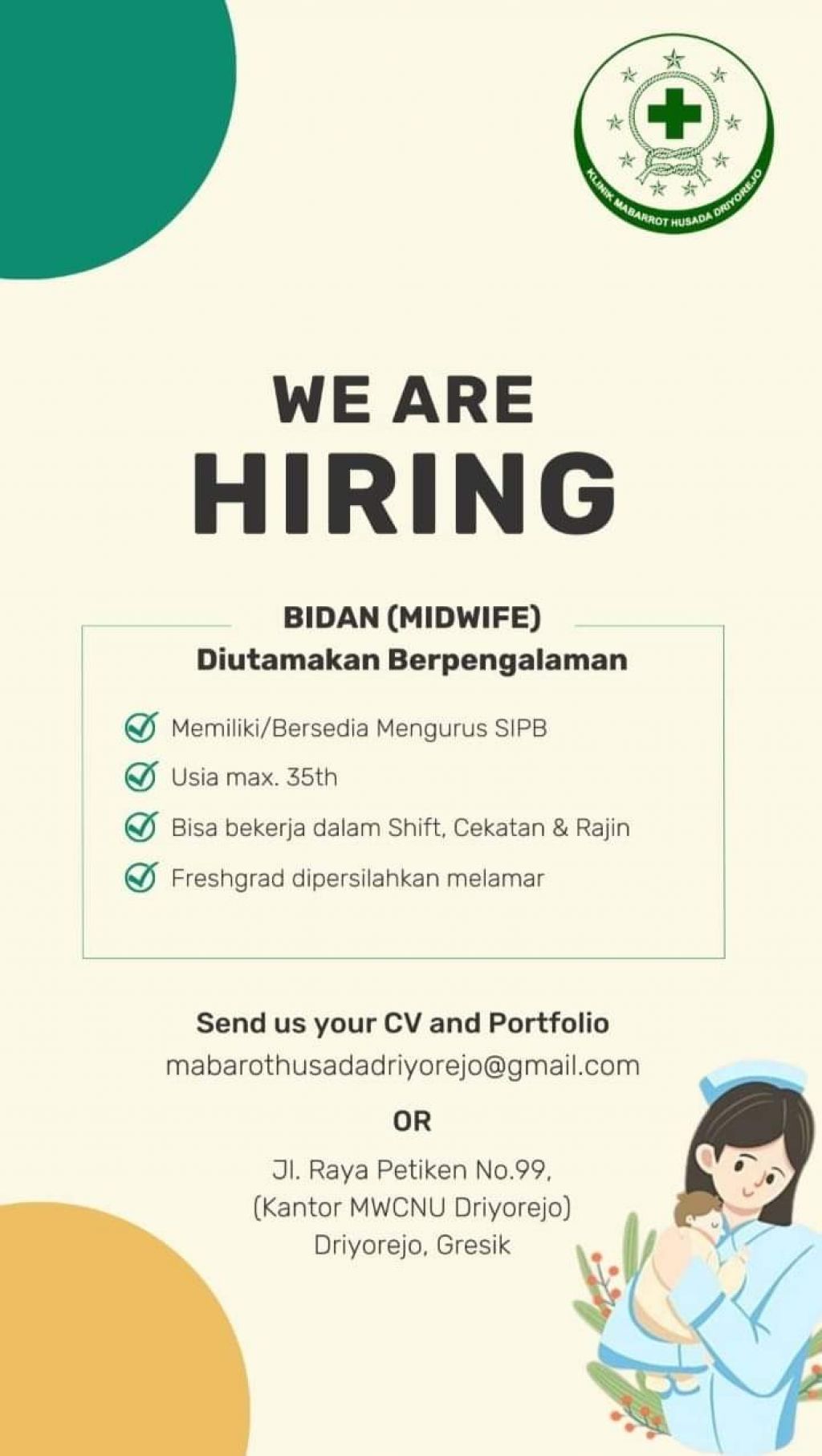 Lowongan di Klinik Mabarrot Husada Driyorejo