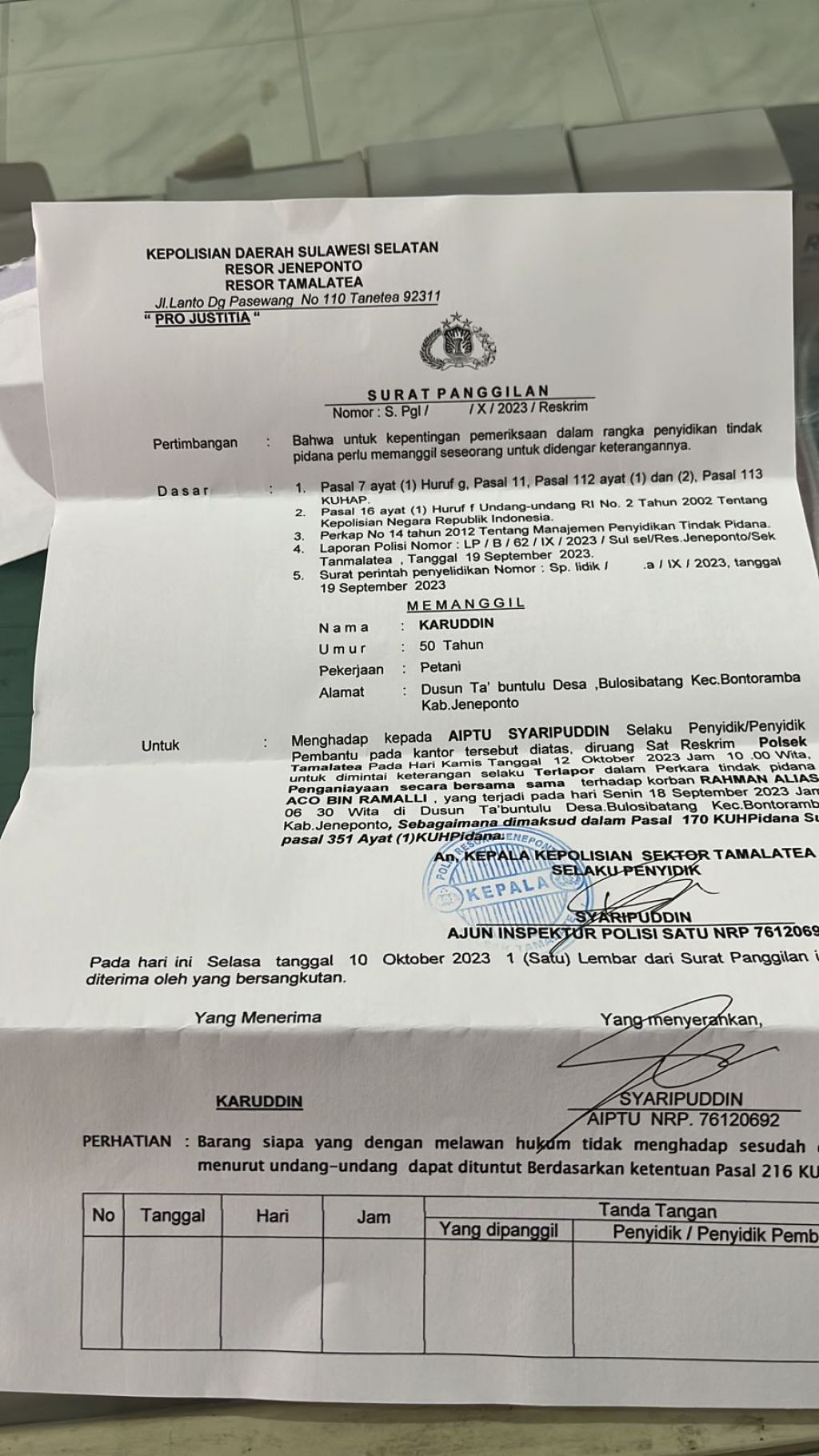 Pemanggilan terhadap saksi terduga pelaku