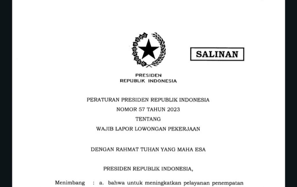 Perpres nomor 57 tahun 2023 tentang Wajib Lapor Lowongan Pekerjaan