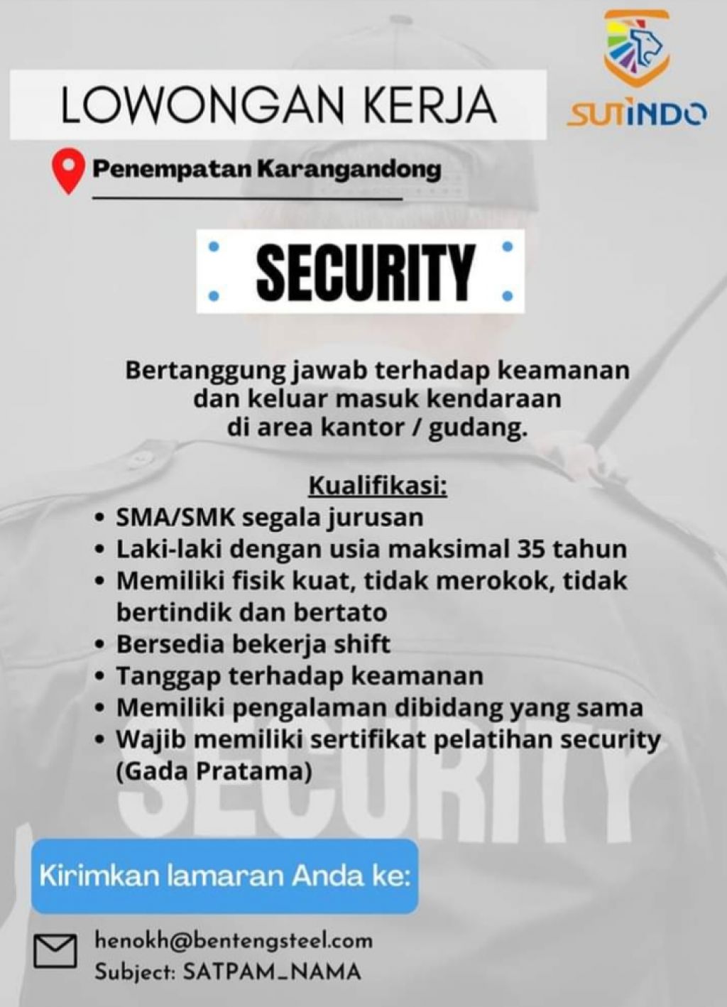 Lowongan kerja PT Benteng Anugerah Sejahtera