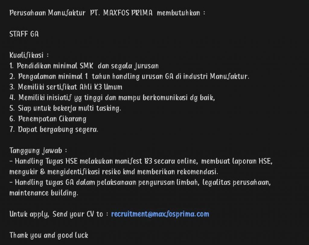 Lowongan kerja di PT Maxfos Prima