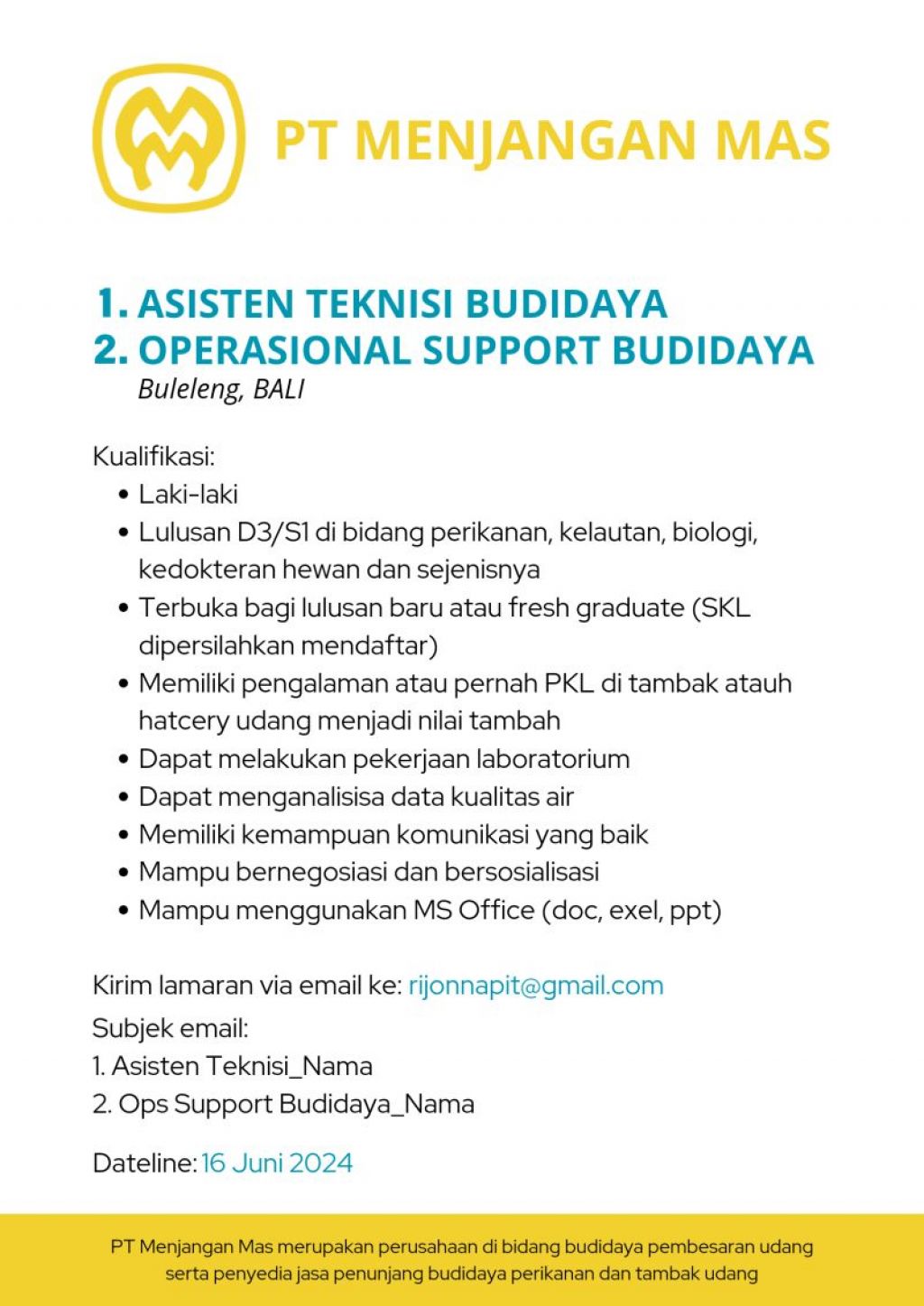 Lowongan kerja PT Menjangan Mas