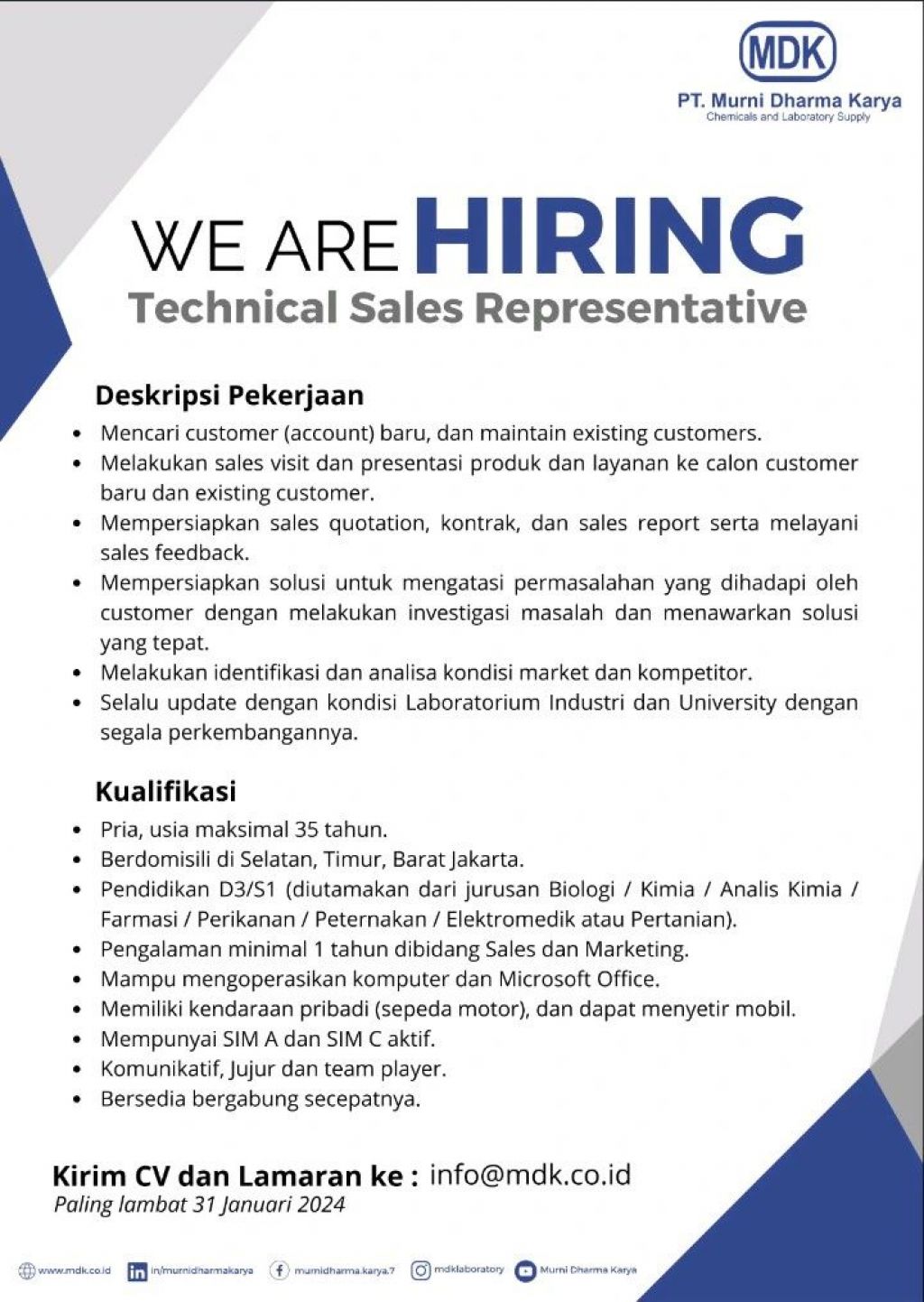 Lowongan kerja PT Murni Dharma Karya