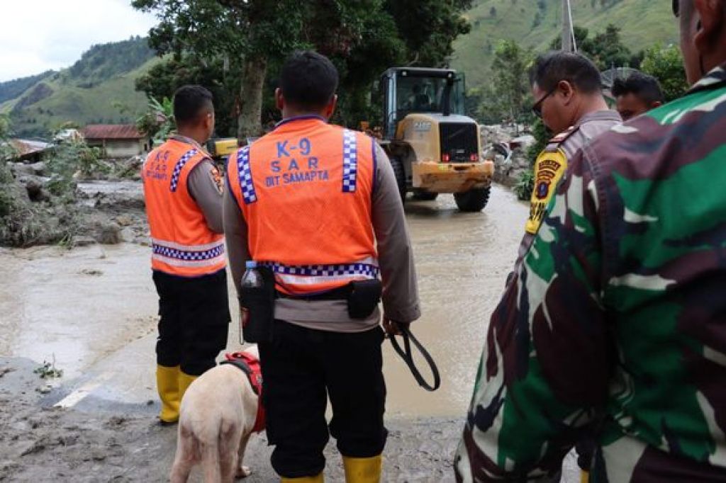 Polda Sumut menurunkan unit K9 (anjing pelacak) untuk membantu personel mencari para korban hilang