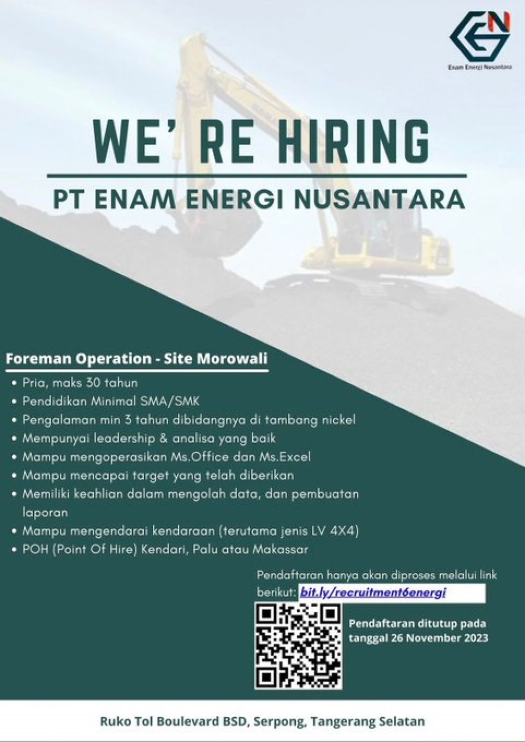 Lowongan kerja PT Enam Energi Nusantara 