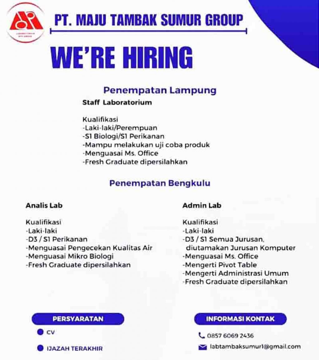 Lowongan kerja PT Maju Tambak Sumur Group