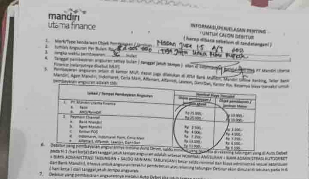 Kontrak PT Mandiri Utama Finance yang ditandatangani oleh atas nama Tofan