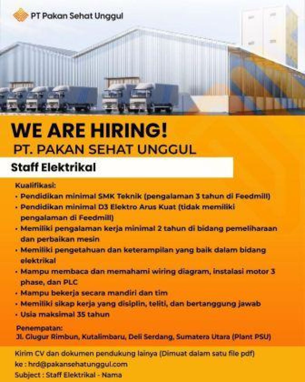 Lowongan kerja di PT Pakan Sehat Unggul