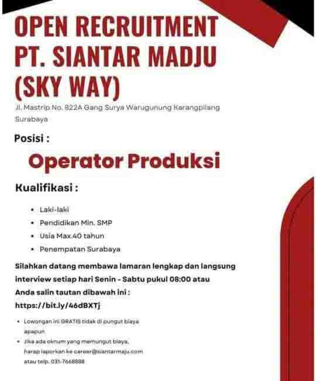 Lowongan kerja PT Siantar Madju 