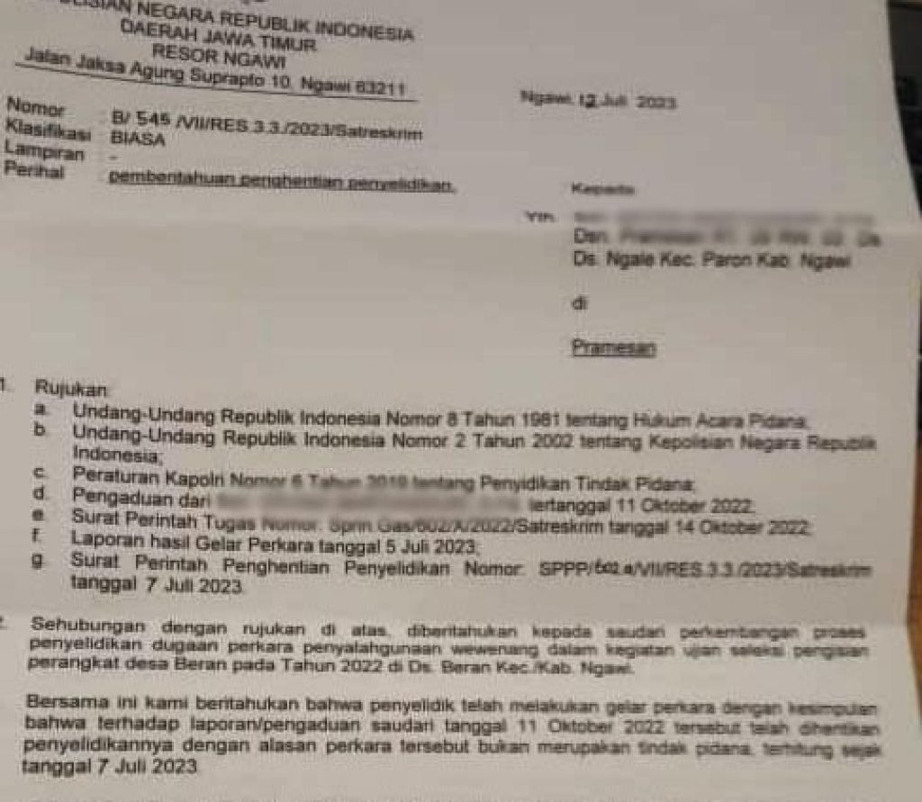 Surat SP3 yang dikeluarkan Polres Ngawi