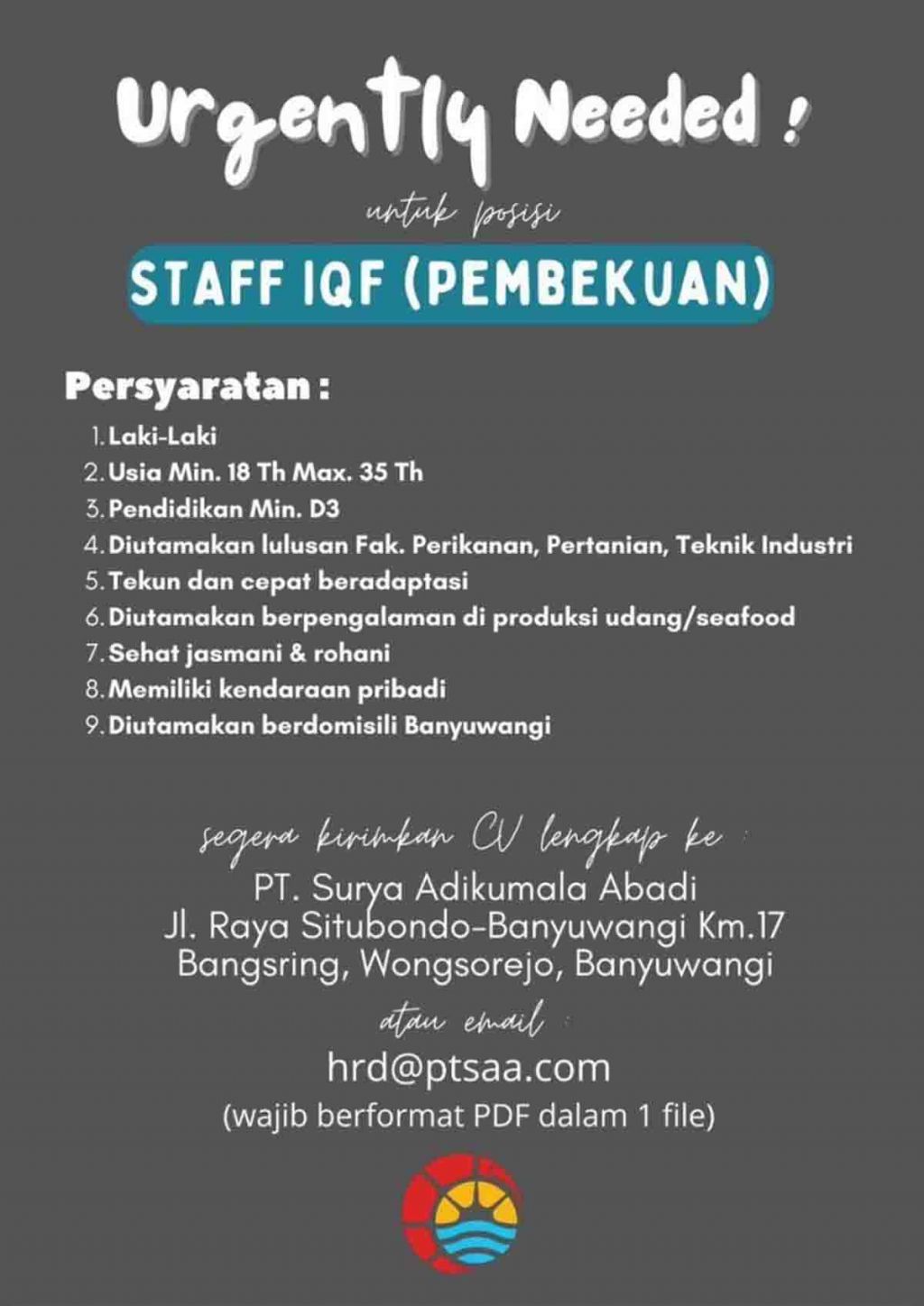 PT Surya Adikumala Abadi Buka Lowongan Kerja Jadi Staf IQF
